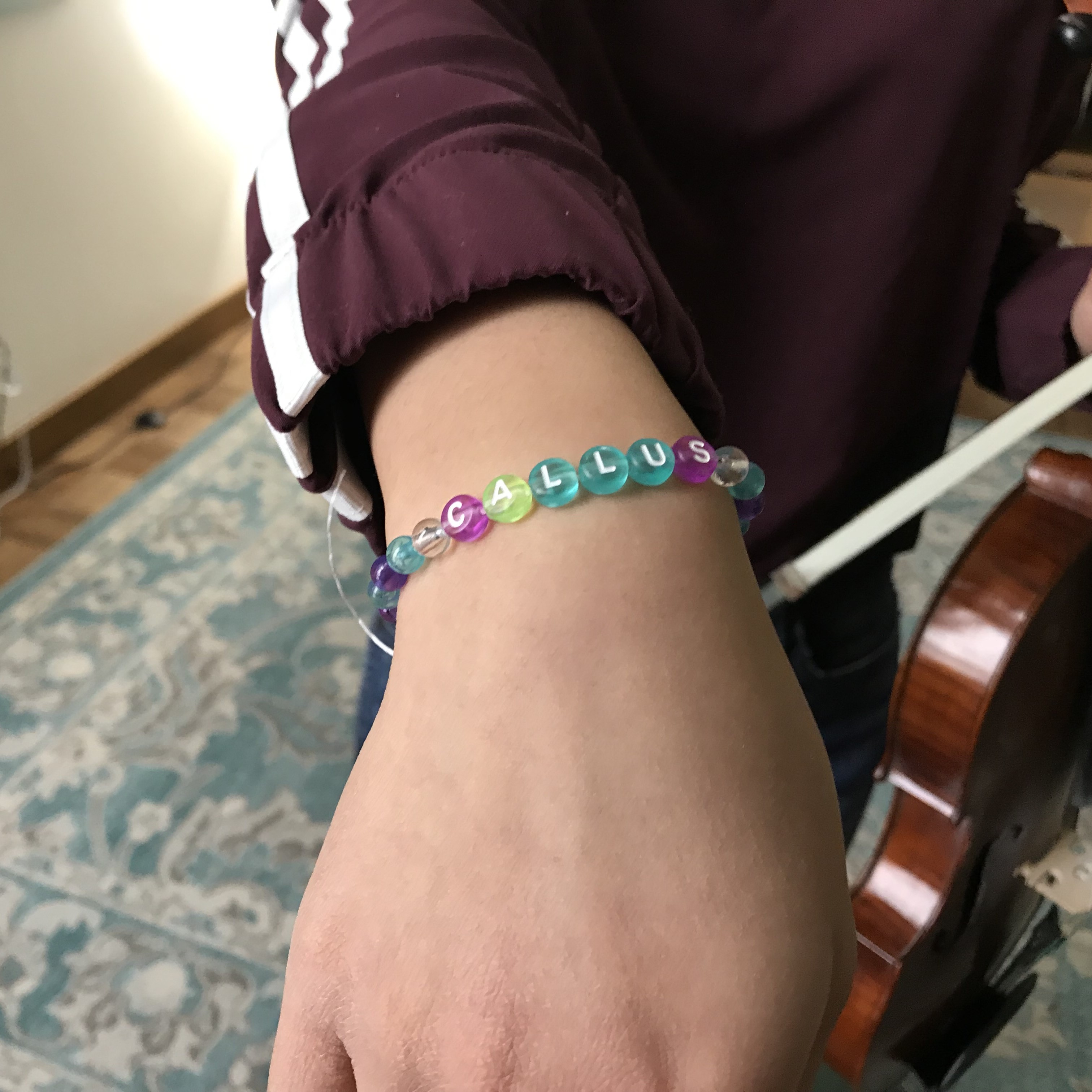 A friendship bracelent made by a student for Prof. Callus