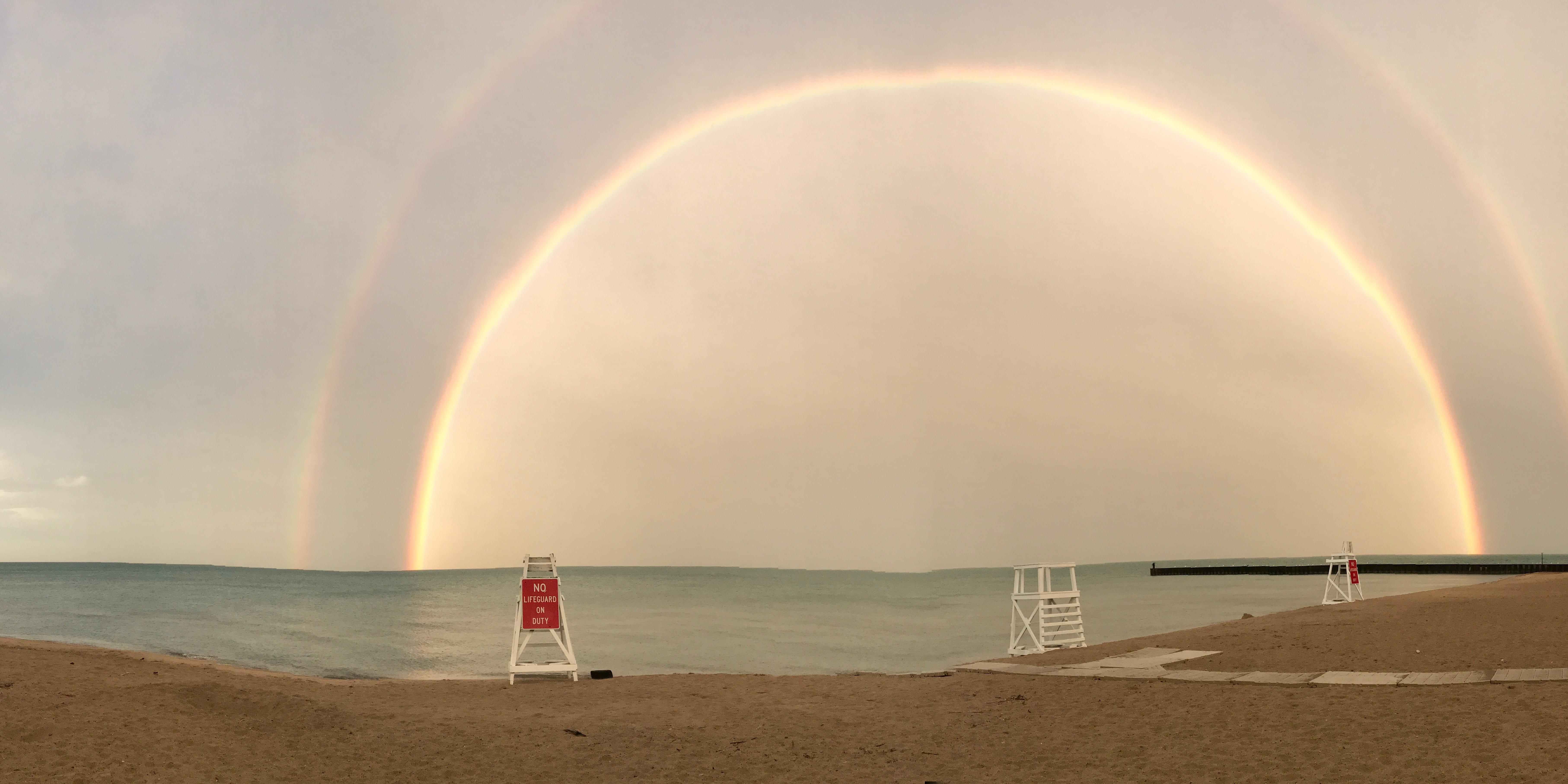 A double rainbow over Lake Michigan on Northwestern's campus.